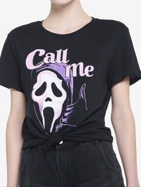 Hot Topic Black Short Sleeve 'Call Me' Ghostface Graphic Tee - Purple Accents
